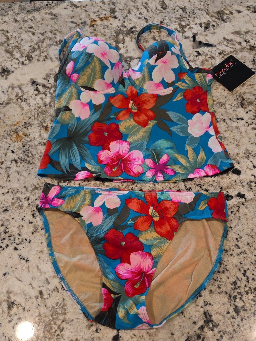 Womens Floral Tankini Two-Piece Swimsuit - Blue/Pink